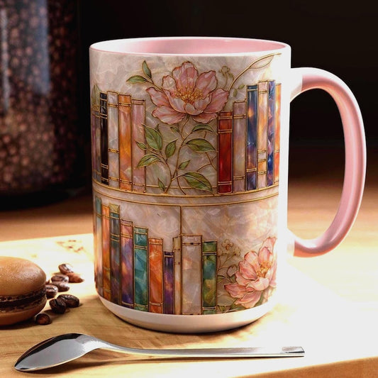 Stained-Glass Style Floral Bookshelf Mug, Book Lover Gift, Bookish Mug, Stained Glass Gift, Library Cup 15oz
