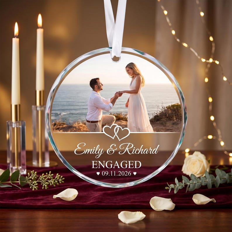 Engagement GLASS Ornament,Married Ornament,Personalization Marriage Proposal Gift,Our First Christmas Engaged Photo Ornament,Gift For Couple