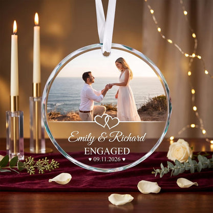 Engagement GLASS Ornament,Married Ornament,Personalization Marriage Proposal Gift,Our First Christmas Engaged Photo Ornament,Gift For Couple