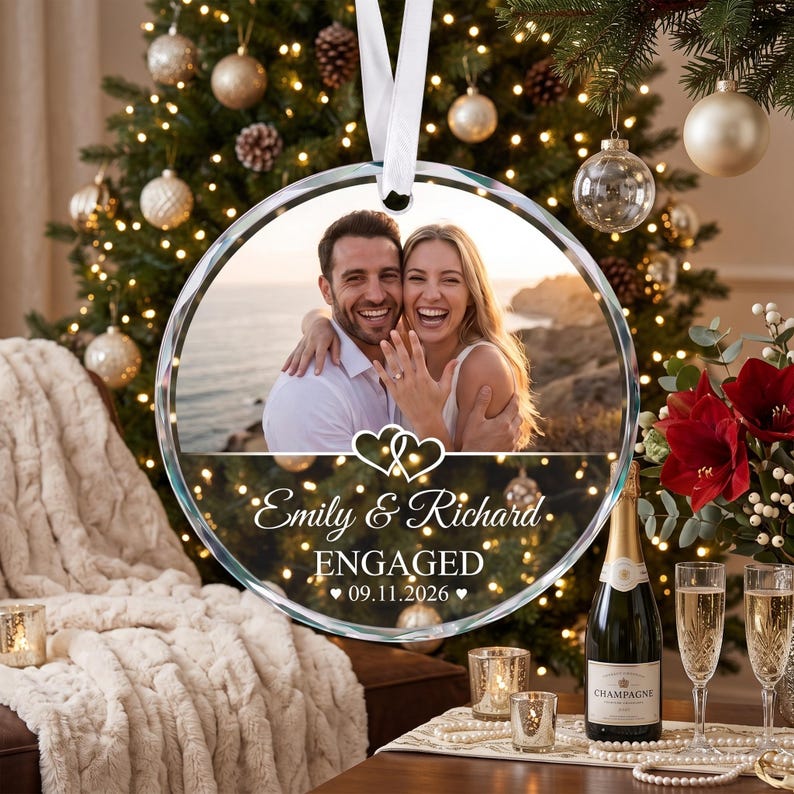 Engagement GLASS Ornament,Married Ornament,Personalization Marriage Proposal Gift,Our First Christmas Engaged Photo Ornament,Gift For Couple