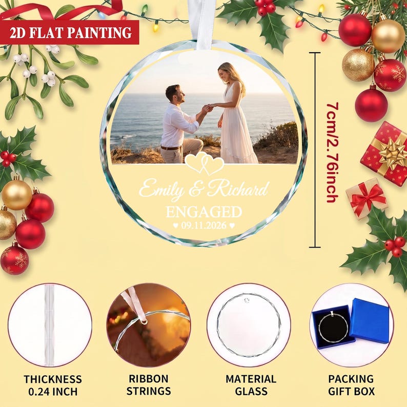 Engagement GLASS Ornament,Married Ornament,Personalization Marriage Proposal Gift,Our First Christmas Engaged Photo Ornament,Gift For Couple