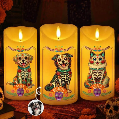 Personalized Day of Dead Pet Candle, Custom Dog Portrait, Memorial Gift for Pet Lovers