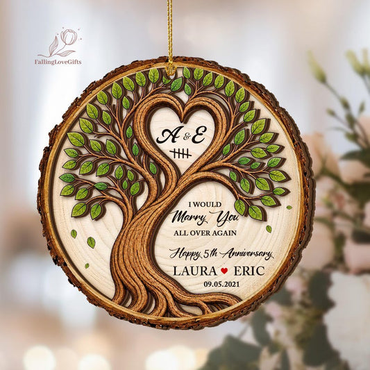 Personalized 5th Anniversary 2Layer Wooden Ornament, Wood Anniversary Gift For Couples, 3D Wood Ornament, Gift For Him Her, Wedding Ornament