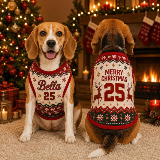 Christmas Dog Jersey with Name & Number, Personalized Dog Shirt, Custom Pet Christmas Outfit, Ugly Xmas Sweater, Holiday Dog Clothes Gift