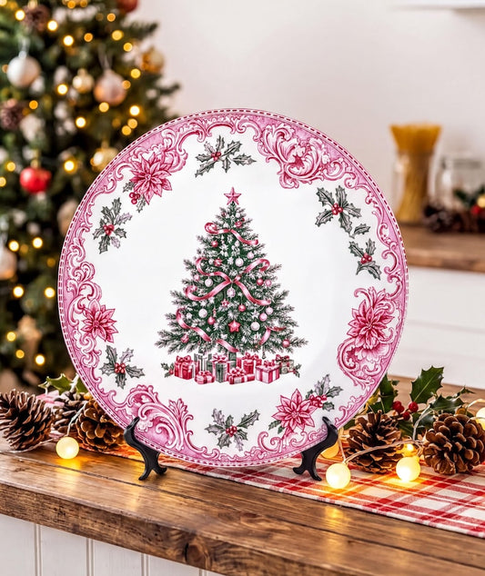 Chic Christmas Tree Decorative Plate, Pink Holiday Home Decor, Elegant Xmas Table Decor, Festive Room Decor Display