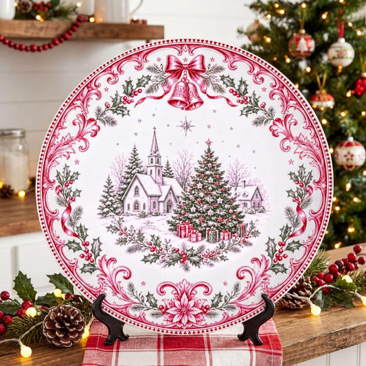 Elegant and Chic Decorative Plate | Christmas Village Scene, Festive Bells & Holly, Holiday Home Decor, Winter Wonderland Dinnerware Display