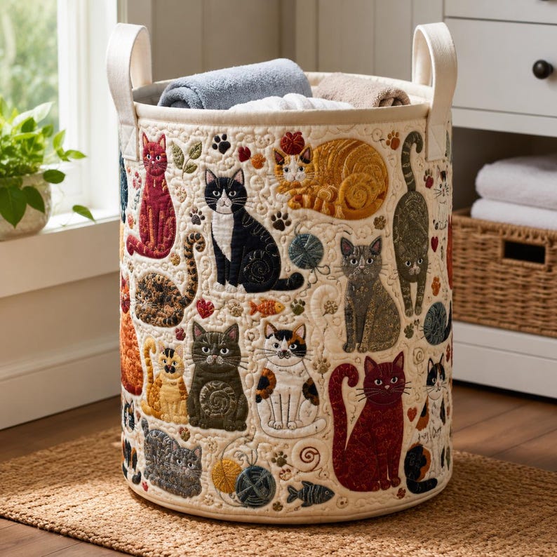Quilted Cats Storage Basket, Cat Lover Laundry Hamper, Fabric Home Organization