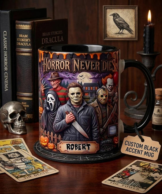 Horror Never Dies Halloween Mug, Spooky Classic Movie Coffee Cup, Gothic Horror Fan Gift