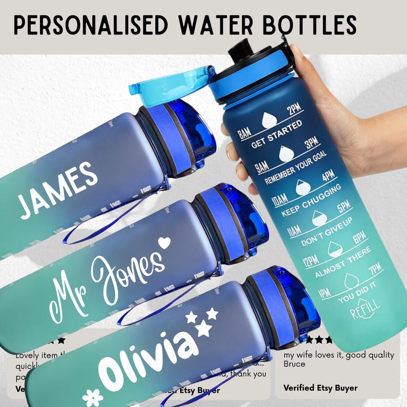 Personalised Water Bottle with Spout, Leak Proof, BPA-Free, Time Markings