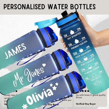 Personalised Water Bottle with Spout, Leak Proof, BPA-Free, Time Markings