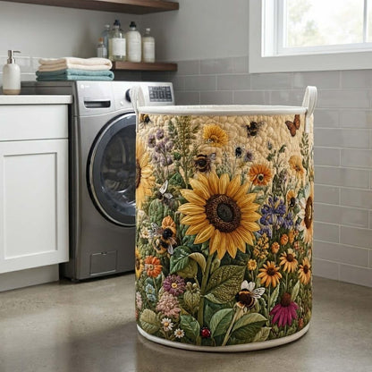 Sunflower Quilted Laundry Basket: Botanical Yellow Flower Storage Bin, Quilt Fabric Hamper