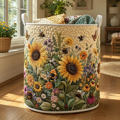 Sunflower Quilted Laundry Basket: Botanical Yellow Flower Storage Bin, Quilt Fabric Hamper