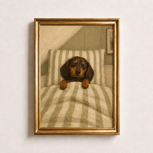 Sleeping Dachshund Oil Painting Poster, Wiener Dog in Bed Print, Sage Green Bedroom Wall Art, Cozy Vintage Sausage Dog Decor, Dog Lover Gift