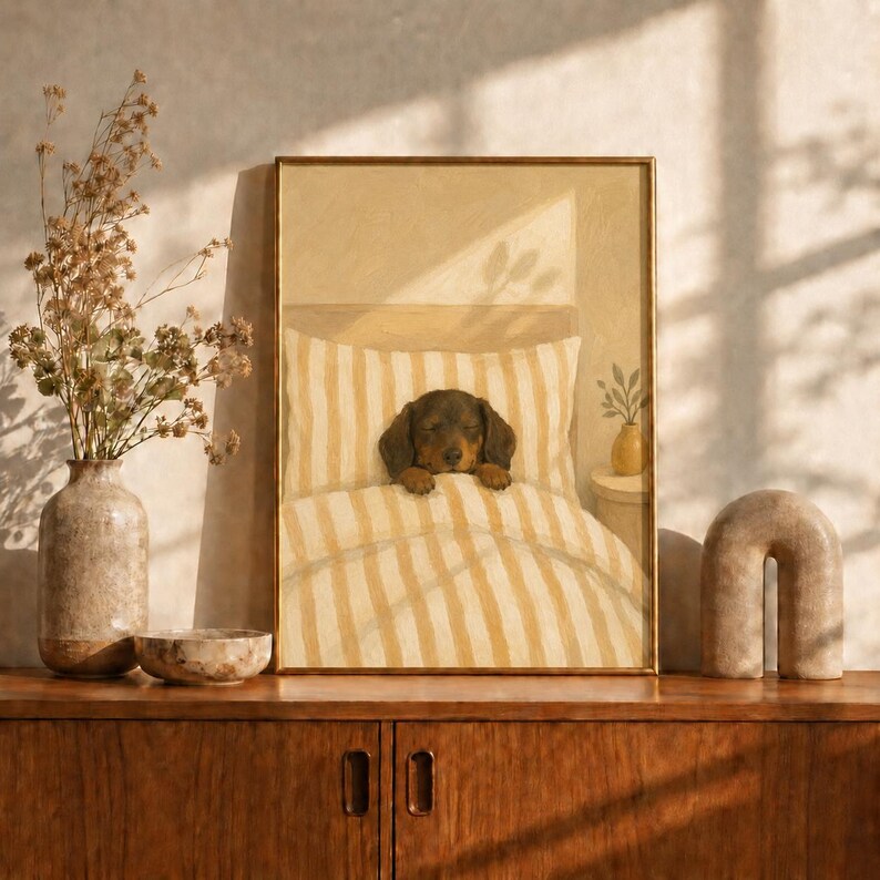 Napping Dachshund Oil Painting Poster, Wiener Dog Asleep in Bed Print, Yellow Neutral Bedroom Wall Art, Cozy Vintage Puppy Decor, Puppy Gift