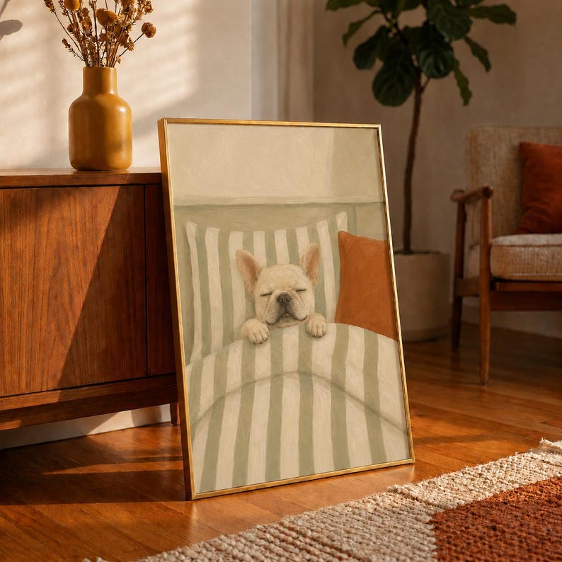 Sleeping French Bulldog Oil Painting Poster, Frenchie Asleep in Bed Print, Sage Green Bedroom Wall Art, Vintage Dog Decor, Frenchie Gift