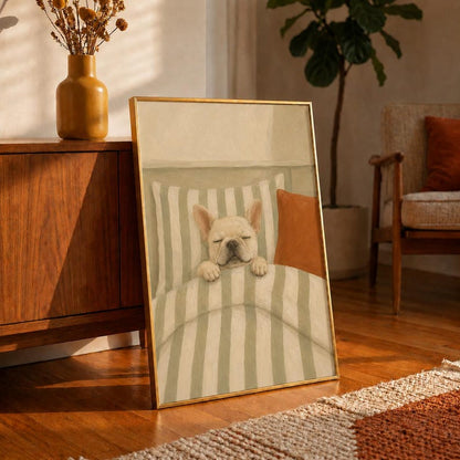Sleeping French Bulldog Oil Painting Poster, Frenchie Asleep in Bed Print, Sage Green Bedroom Wall Art, Vintage Dog Decor, Frenchie Gift