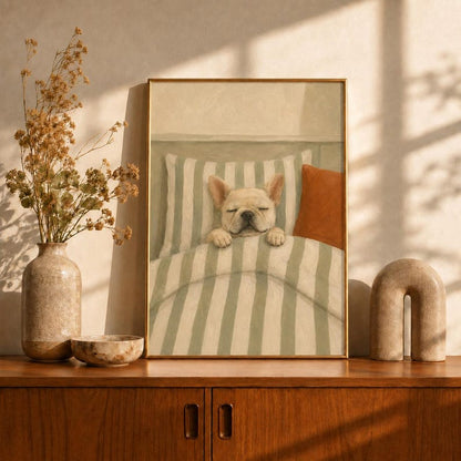 Sleeping French Bulldog Oil Painting Poster, Frenchie Asleep in Bed Print, Sage Green Bedroom Wall Art, Vintage Dog Decor, Frenchie Gift