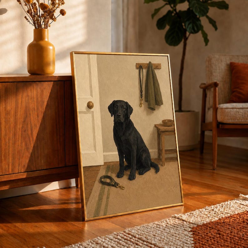 Black Labrador Oil Painting Poster, Lab Waiting by Door with Leash Print, Neutral Entryway Wall Art, Vintage Mudroom Decor, Dog Lover Gift