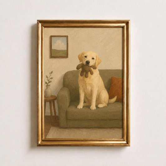 Yellow Labrador Oil Painting Poster, Lab Puppy with Teddy on Sofa Print, Sage Green Living Room Wall Art, Vintage Dog Decor, Lab Lover Gift