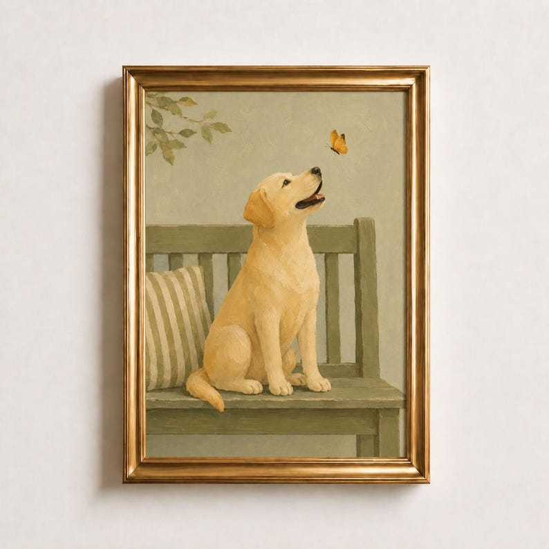 Golden Retriever Puppy Oil Painting Poster, Dog with Butterfly on Bench Print, Sage Green Wall Art, Vintage Nursery Decor, Puppy Lover Gift