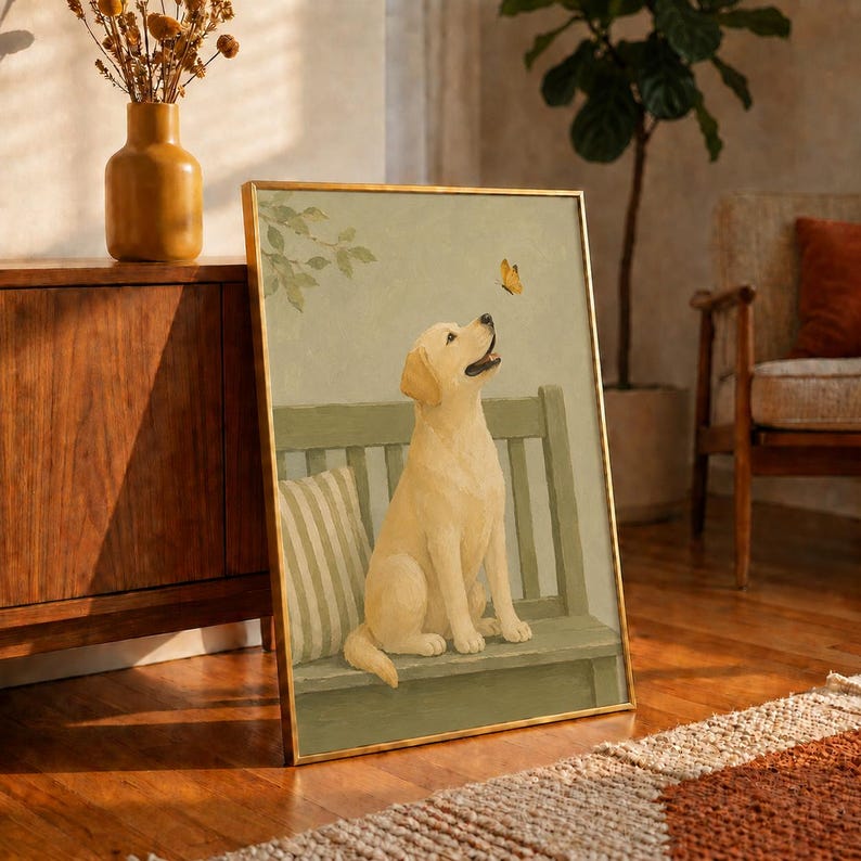 Golden Retriever Puppy Oil Painting Poster, Dog with Butterfly on Bench Print, Sage Green Wall Art, Vintage Nursery Decor, Puppy Lover Gift