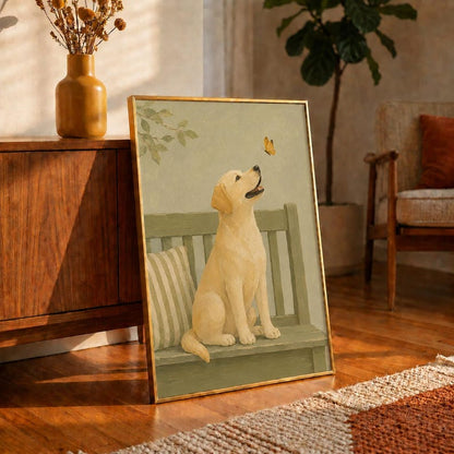 Golden Retriever Puppy Oil Painting Poster, Dog with Butterfly on Bench Print, Sage Green Wall Art, Vintage Nursery Decor, Puppy Lover Gift