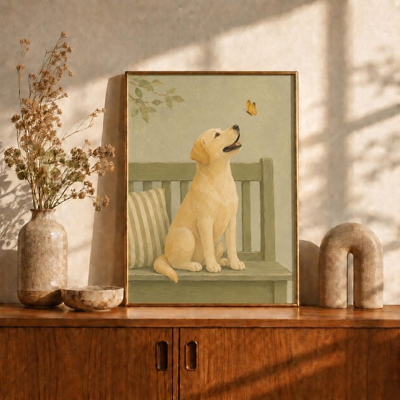 Golden Retriever Puppy Oil Painting Poster, Dog with Butterfly on Bench Print, Sage Green Wall Art, Vintage Nursery Decor, Puppy Lover Gift