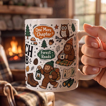 Sasquatch Book Club Mug, Bigfoot Coffee Mug, Funny Book Lover Gift, Reader Mug Gift, Cryptid Mug, Books and Campfires Mug, Forest Reads