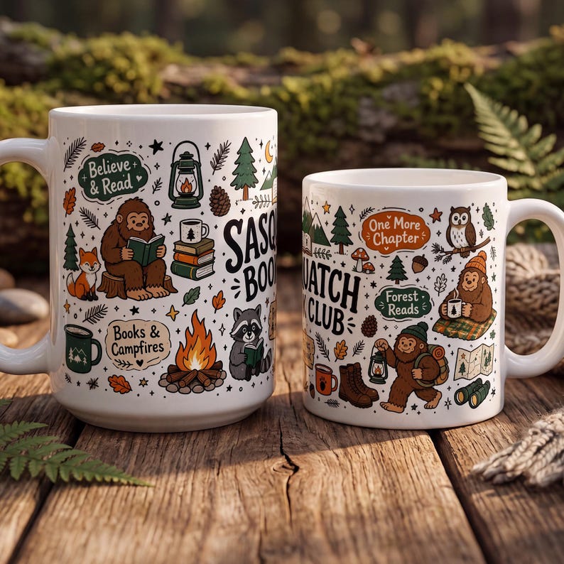 Sasquatch Book Club Mug, Bigfoot Coffee Mug, Funny Book Lover Gift, Reader Mug Gift, Cryptid Mug, Books and Campfires Mug, Forest Reads