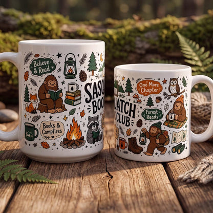 Sasquatch Book Club Mug, Bigfoot Coffee Mug, Funny Book Lover Gift, Reader Mug Gift, Cryptid Mug, Books and Campfires Mug, Forest Reads