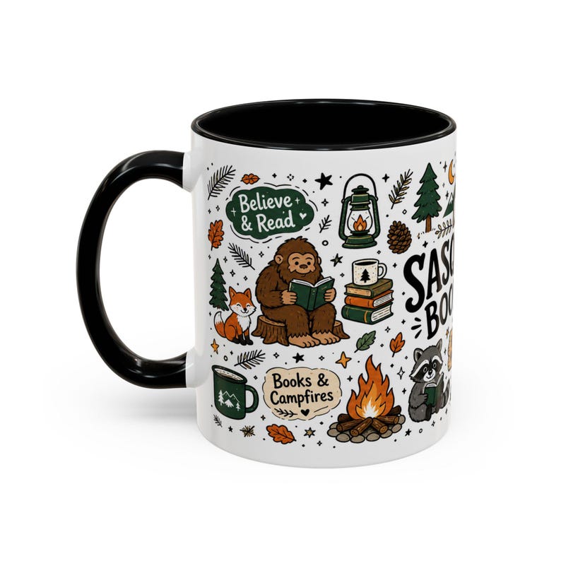 Sasquatch Book Club Mug, Bigfoot Coffee Mug, Funny Book Lover Gift, Reader Mug Gift, Cryptid Mug, Books and Campfires Mug, Forest Reads