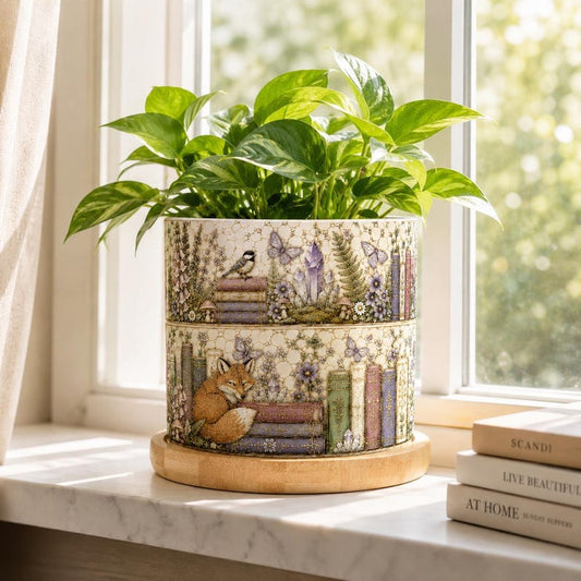 Vintage Forest Floral Bookshelf Plant Pot, Librarian Gift, Book Lover Gift, Gift for Reader, Bookworm Gifts, Christmas Book Lover Gift