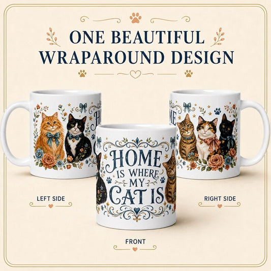 Ceramic Mug, Whimsical Floral Cats, Home Is Where My Cat Is Coffee Cup