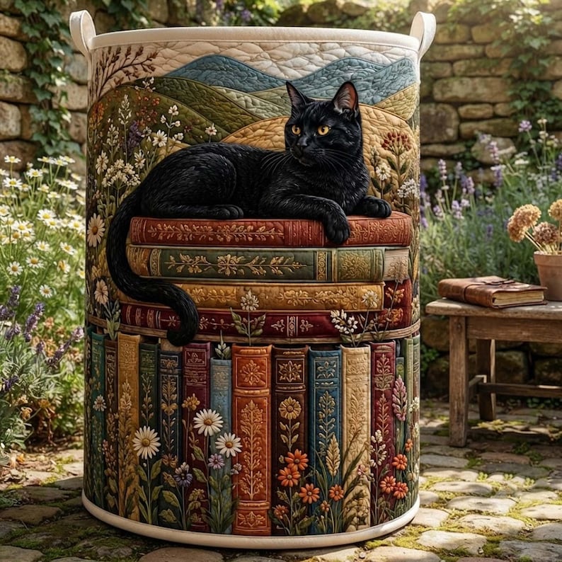 Bookish Cat Quilted Laundry Basket: Cozy Kitten Reading Books Storage Bin, Quilt Fabric Hamper