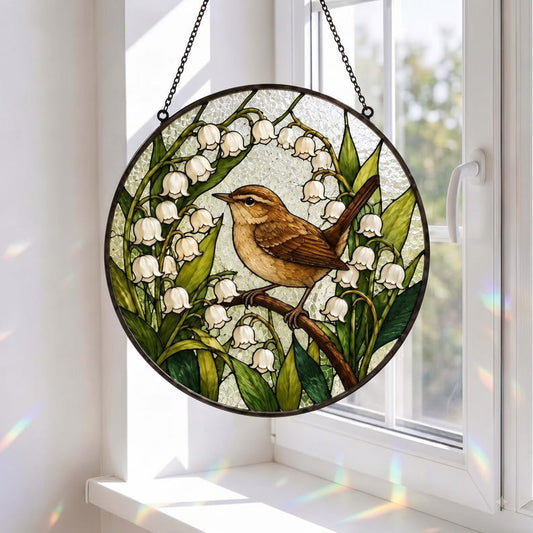 Wren Bird Stained Glass Suncatcher, Lily of the Valley Window Hanging, Handmade Bird Lover Gift, Nature Home Decor