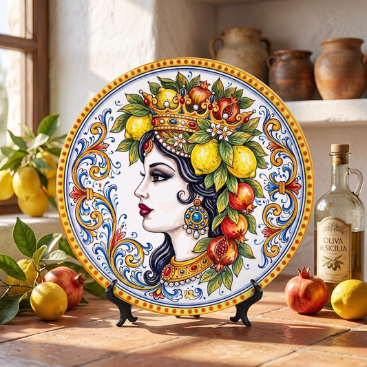 Decorative Mediterranean Queen Ceramic Display Plate Inspired by Vintage Sicilian Folk Art Design