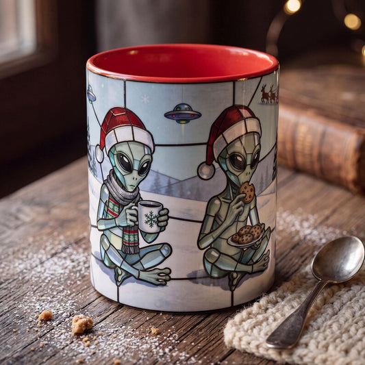 Christmas Alien Mug, Stained Glass Santa Mug, Funny Alien Coffee Mug, Cute Holiday Gift, Santa Hat Alien Mug, Winter Coffee Cup, UFO Gift