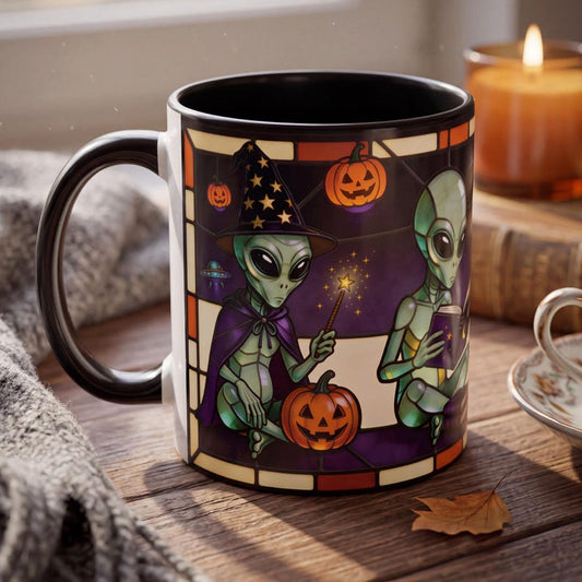 Halloween Alien Mug, Stained Glass Alien Mug, Funny Alien Coffee Mug, Spooky Season Gift, Witch Alien Mug, Halloween Coffee Cup