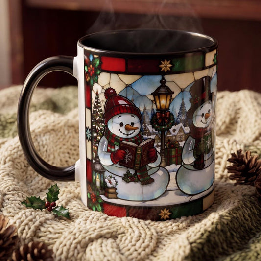 Snowman Christmas Mug, Stained Glass Snowman Mug, Cozy Winter Coffee Mug, Vintage Christmas Cup, Snowman Village Mug, Cute Holiday Gift