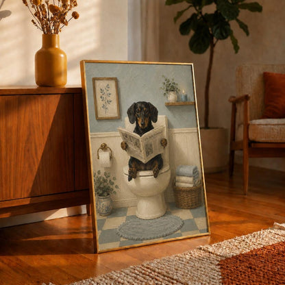Dachshund on Toilet Oil Painting, Funny Bathroom Print, Dog Reading Newspaper, Blue Vintage Bathroom Art, Sausage Dog Poster, Dog Lover Gift