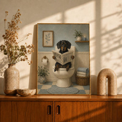 Dachshund on Toilet Oil Painting, Funny Bathroom Print, Dog Reading Newspaper, Blue Vintage Bathroom Art, Sausage Dog Poster, Dog Lover Gift