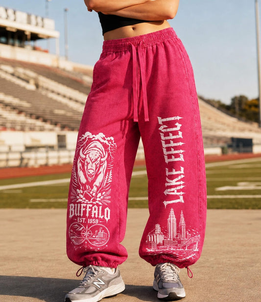 Buffalo Football Sweatpants, Vintage City Heritage Joggers, Gothic Streetwear Pants, Heavyweight Washed Black Y2K Unisex Gift.
