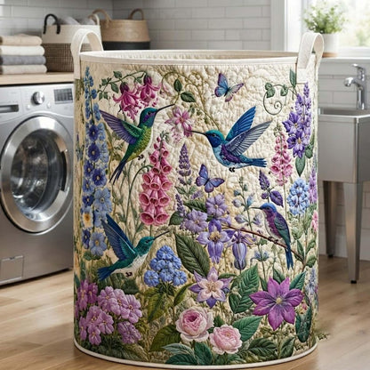 Hummingbird Garden Quilted Laundry Basket: Botanical Floral Storage Bin, Quilt Fabric Hamper