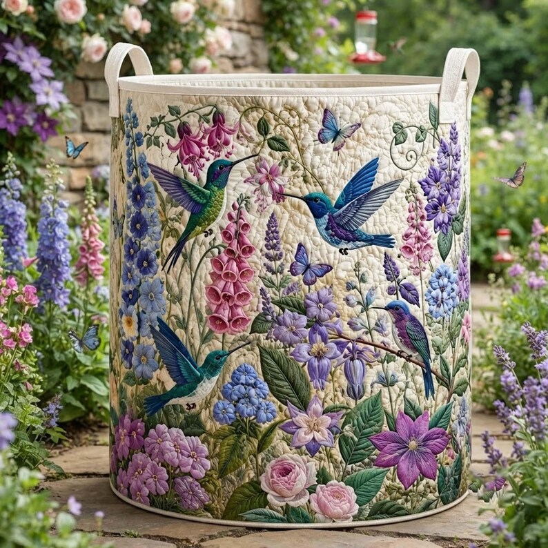 Hummingbird Garden Quilted Laundry Basket: Botanical Floral Storage Bin, Quilt Fabric Hamper