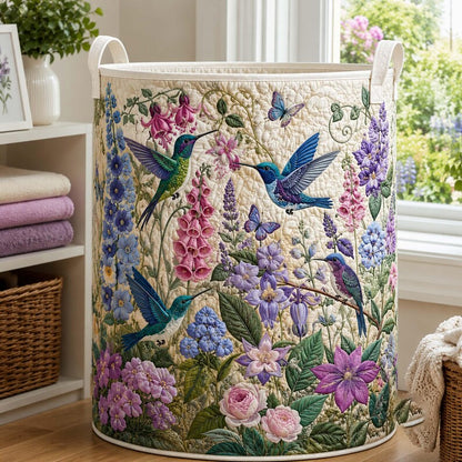 Hummingbird Garden Quilted Laundry Basket: Botanical Floral Storage Bin, Quilt Fabric Hamper