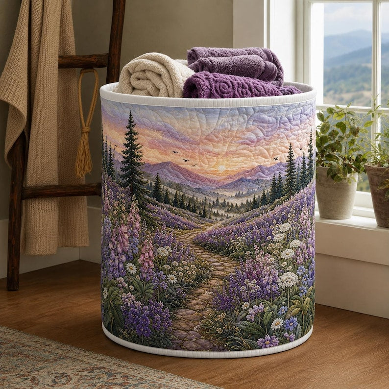 Lavender Path Quilted Laundry Basket: Botanical Purple Floral Storage Bin, Quilt Fabric Hamper
