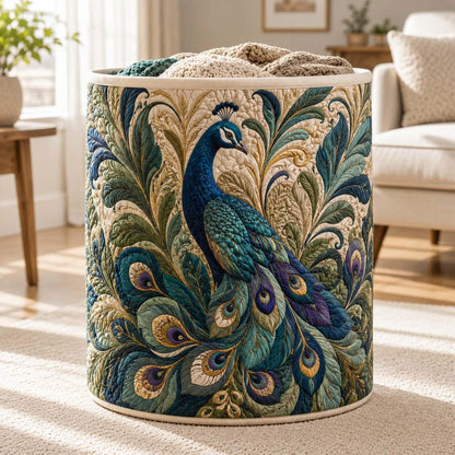 Majestic Peacock Quilted Laundry Basket: Botanical Bird Animal Storage Bin, Quilt Fabric Hamper