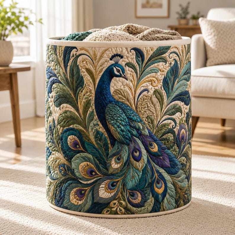 Majestic Peacock Quilted Laundry Basket: Botanical Bird Animal Storage Bin, Quilt Fabric Hamper