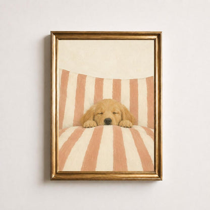 Sleeping Golden Retriever Oil Painting, Puppy in Bed Print, Peach Nursery Wall Art, Boho Bedroom Decor, Vintage Dog Poster, Puppy Lover Gift