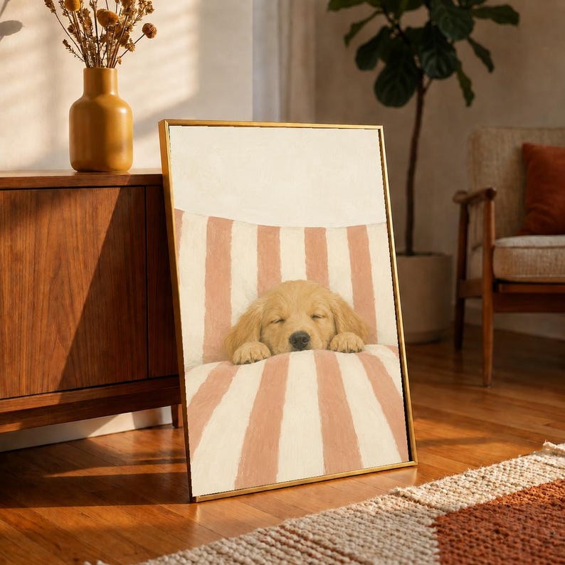Sleeping Golden Retriever Oil Painting, Puppy in Bed Print, Peach Nursery Wall Art, Boho Bedroom Decor, Vintage Dog Poster, Puppy Lover Gift
